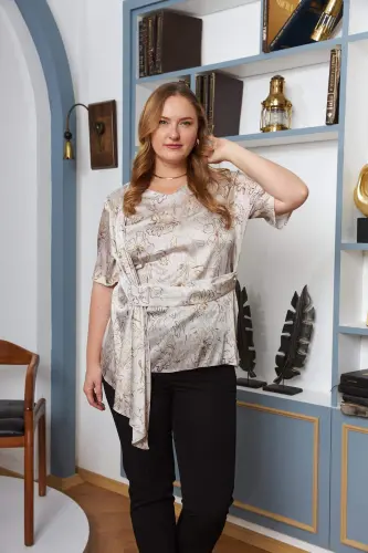 Plus Size Blouse with Belt Detail Cream - 1