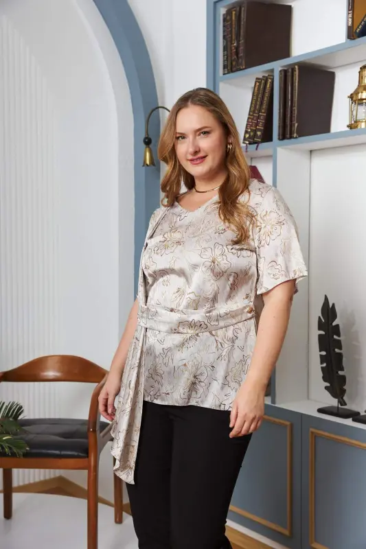 Plus Size Blouse with Belt Detail Cream - 3