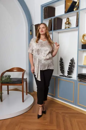 Plus Size Blouse with Belt Detail Cream - 4