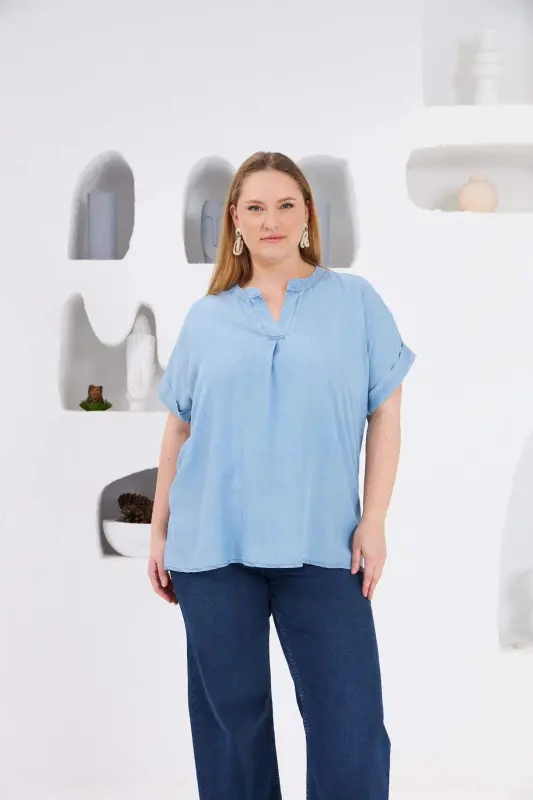 Plus Size Blouse with Collar Detail, Ice Blue - 1