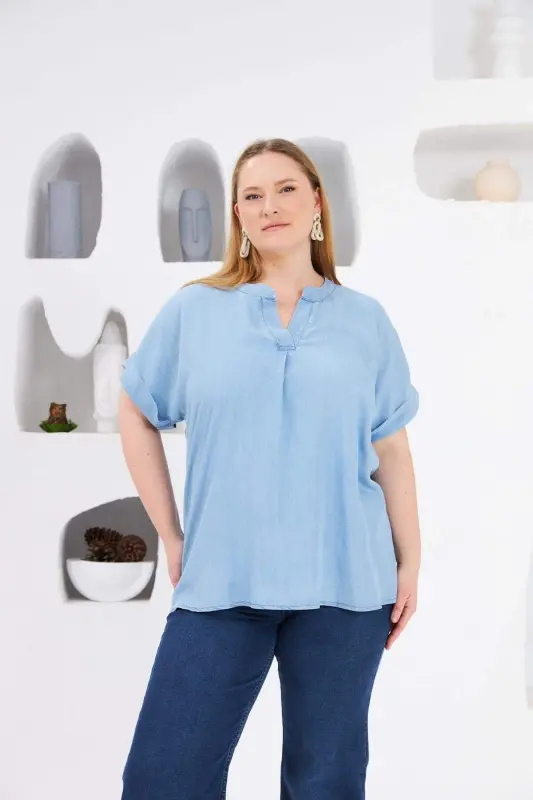 Plus Size Blouse with Collar Detail, Ice Blue - 8