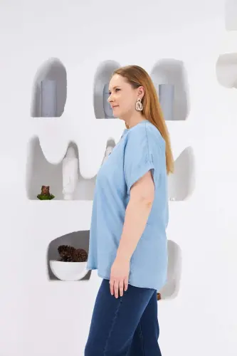 Plus Size Blouse with Collar Detail, Ice Blue - BÜYÜKBEDENIZ (1)