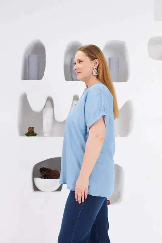 Plus Size Blouse with Collar Detail, Ice Blue - 2