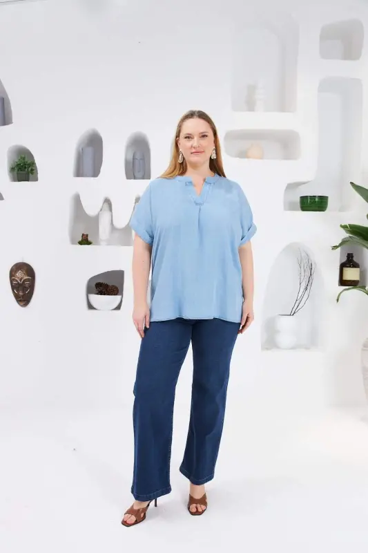 Plus Size Blouse with Collar Detail, Ice Blue - 10