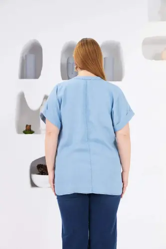 Plus Size Blouse with Collar Detail, Ice Blue - 6