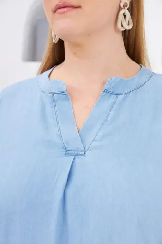Plus Size Blouse with Collar Detail, Ice Blue - 3