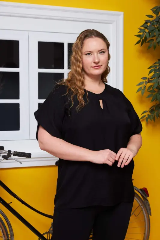 Plus Size Blouse with Neckline and Sleeve Detail, Black - BÜYÜKBEDENIZ