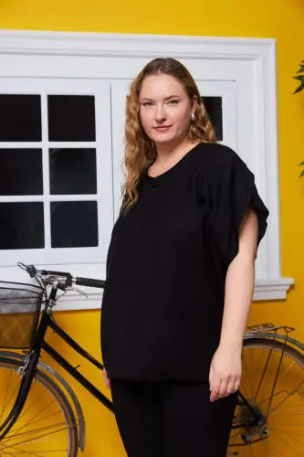 Plus Size Blouse with Neckline and Sleeve Detail, Black - BÜYÜKBEDENIZ (1)