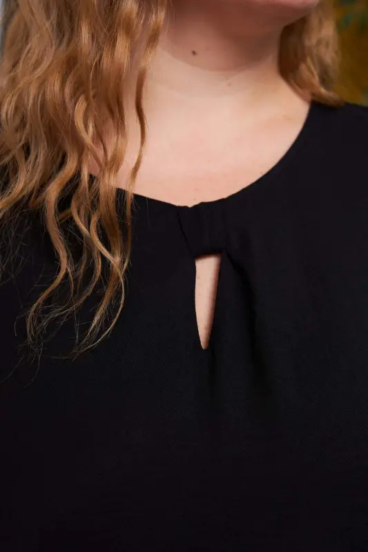 Plus Size Blouse with Neckline and Sleeve Detail, Black - 3