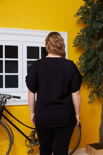Plus Size Blouse with Neckline and Sleeve Detail, Black - 4