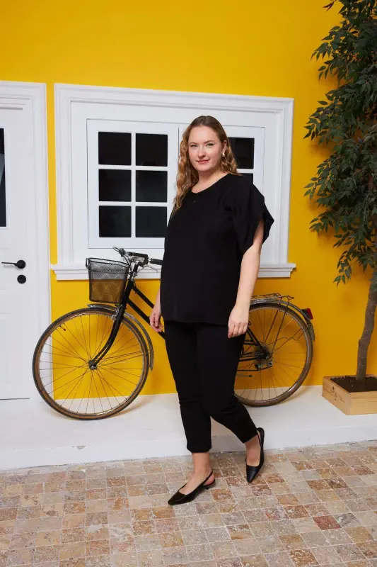 Plus Size Blouse with Neckline and Sleeve Detail, Black - 5