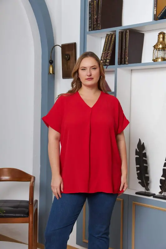 Plus Size Blouse with Neckline and Sleeve Detailing, Red - 1