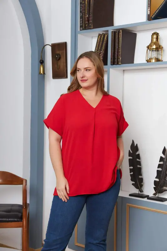 Plus Size Blouse with Neckline and Sleeve Detailing, Red - 3