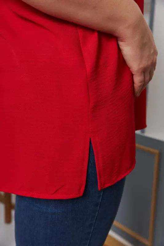 Plus Size Blouse with Neckline and Sleeve Detailing, Red - 5