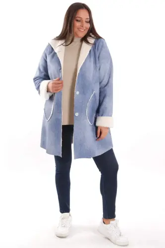 Plus Size Blue Coat with Denim Look, Hooded Detail, Fur Lined - BÜYÜKBEDENIZ (1)