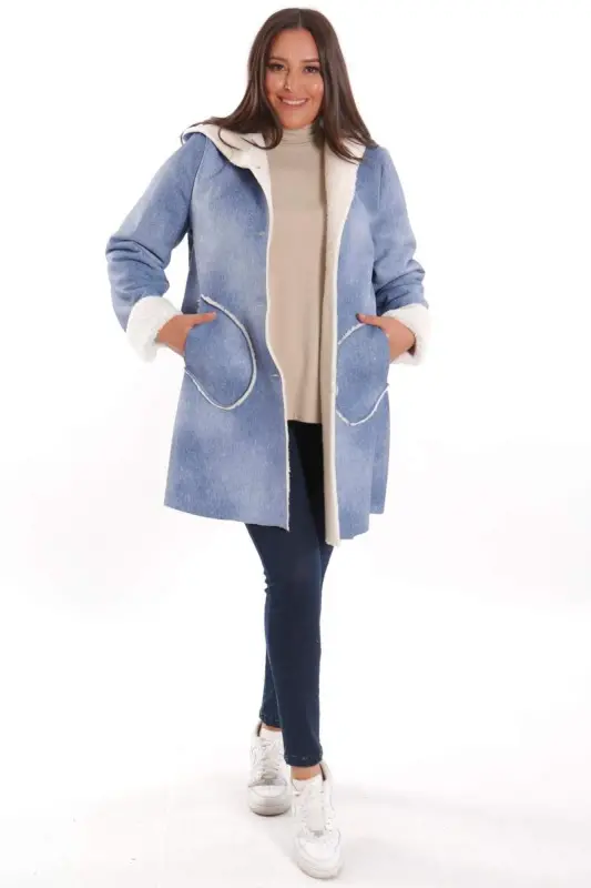 Plus Size Blue Coat with Denim Look, Hooded Detail, Fur Lined - 5