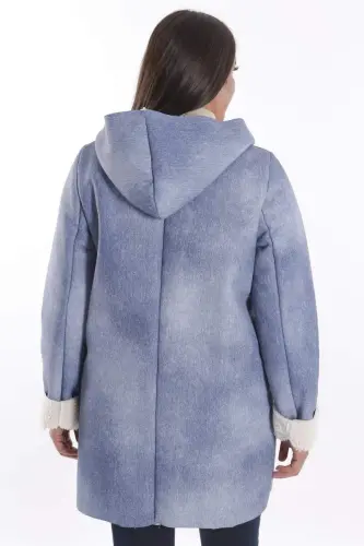Plus Size Blue Coat with Denim Look, Hooded Detail, Fur Lined - 8