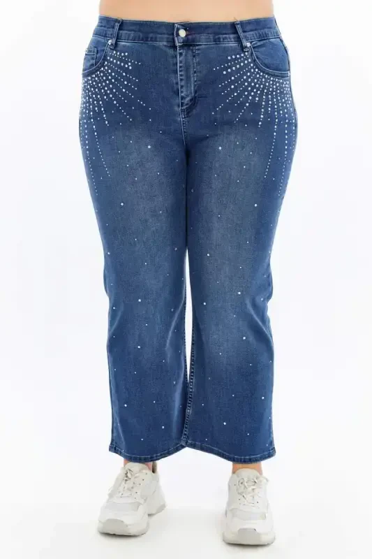 Plus Size Blue Denim Jeans with Rhinestone Detail - 2