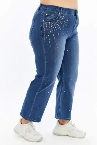 Plus Size Blue Denim Jeans with Rhinestone Detail - 3