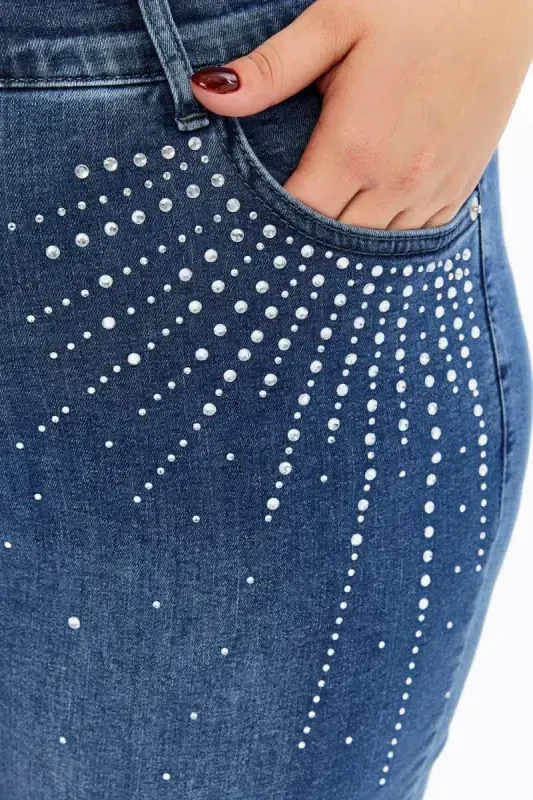Plus Size Blue Denim Jeans with Rhinestone Detail - 4