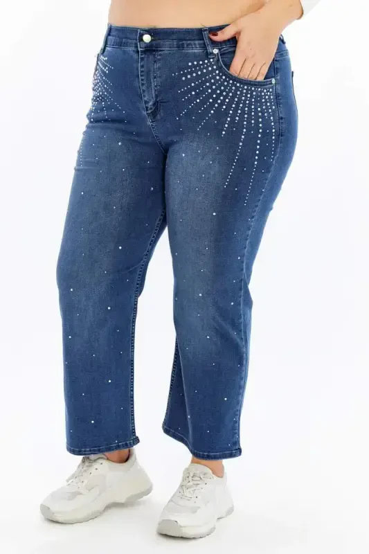 Plus Size Blue Denim Jeans with Rhinestone Detail - 5