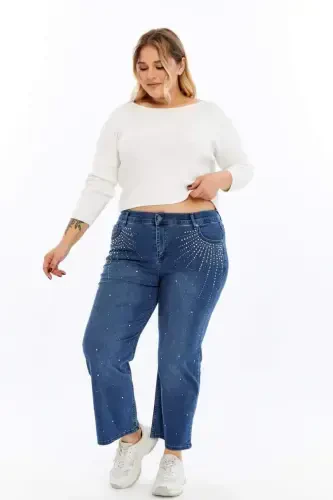 Plus Size Blue Denim Jeans with Rhinestone Detail - 7
