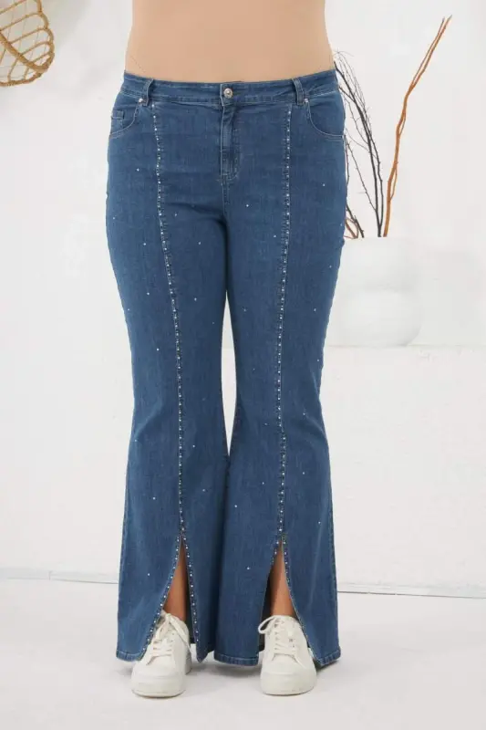Plus Size Blue Denim Jeans with Stone Detail and Slit Hem - BÜYÜKBEDENIZ