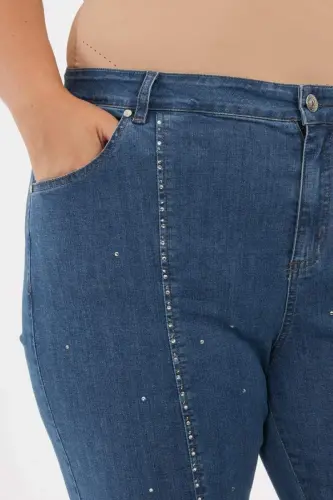 Plus Size Blue Denim Jeans with Stone Detail and Slit Hem - 3