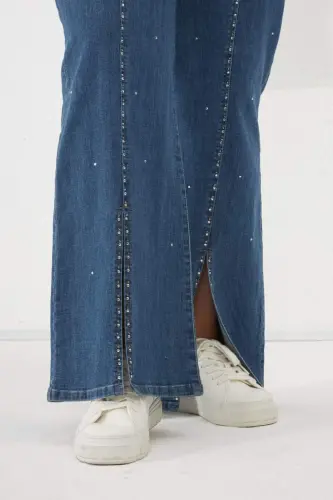 Plus Size Blue Denim Jeans with Stone Detail and Slit Hem - 4