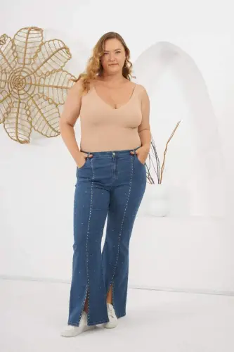 Plus Size Blue Denim Jeans with Stone Detail and Slit Hem - 5