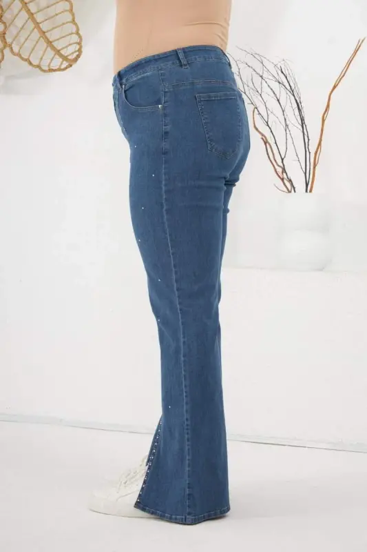 Plus Size Blue Denim Jeans with Stone Detail and Slit Hem - 2