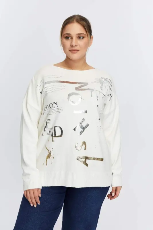Plus Size Boat Neck Cashmere Blend Printed Knitted Ecru - 1