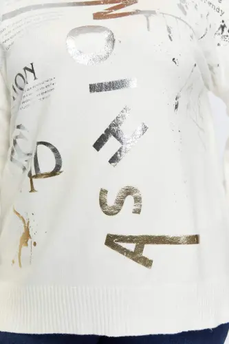 Plus Size Boat Neck Cashmere Blend Printed Knitted Ecru - BÜYÜKBEDENIZ (1)