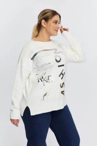 Plus Size Boat Neck Cashmere Blend Printed Knitted Ecru - 3