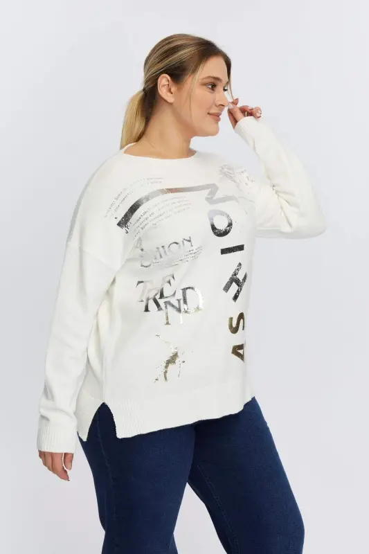 Plus Size Boat Neck Cashmere Blend Printed Knitted Ecru - 3