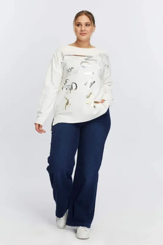 Plus Size Boat Neck Cashmere Blend Printed Knitted Ecru - 4