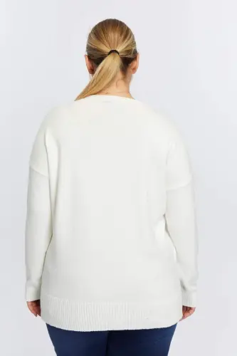 Plus Size Boat Neck Cashmere Blend Printed Knitted Ecru - 5