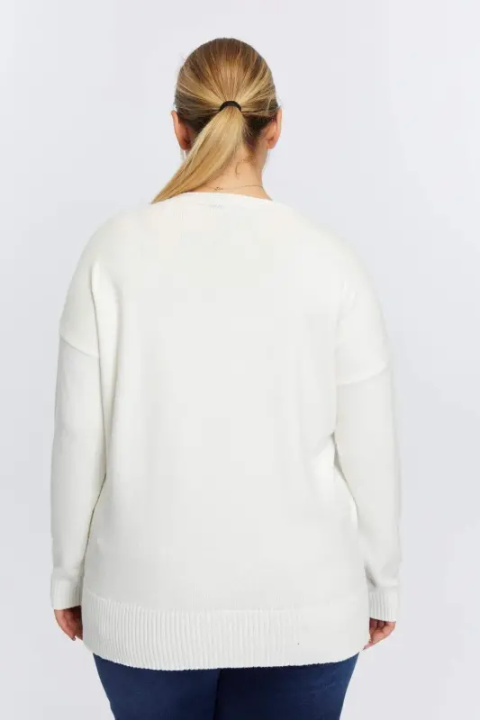 Plus Size Boat Neck Cashmere Blend Printed Knitted Ecru - 5