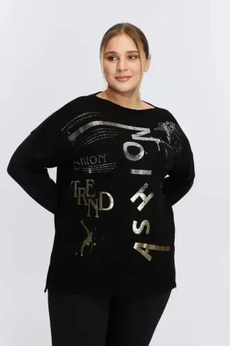 Plus Size Boat Neck Cashmere Blend Printed Knitwear Black - 1