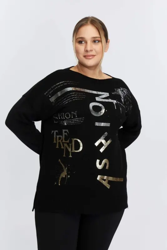 Plus Size Boat Neck Cashmere Blend Printed Knitwear Black - 1