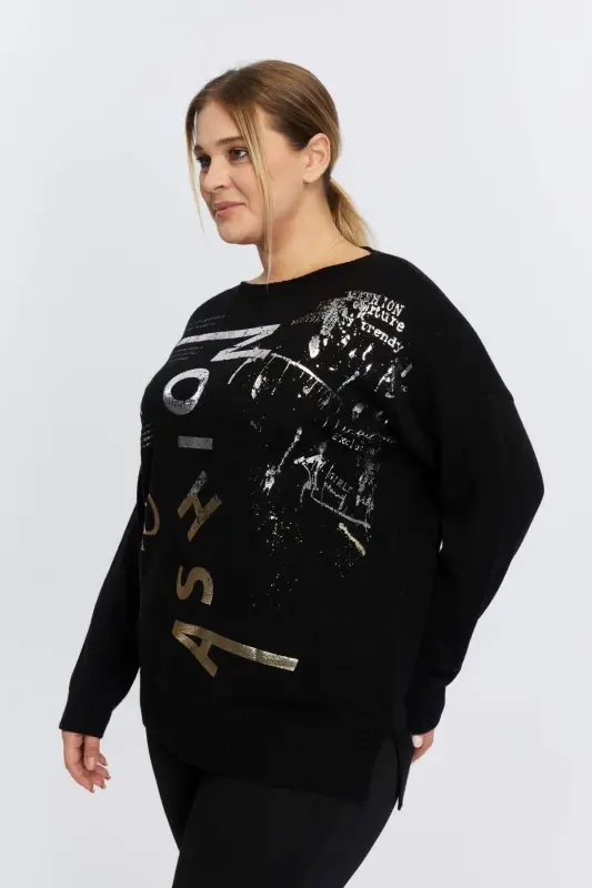 Plus Size Boat Neck Cashmere Blend Printed Knitwear Black - 2