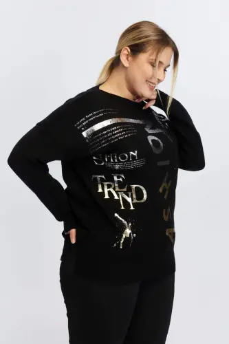 Plus Size Boat Neck Cashmere Blend Printed Knitwear Black - 3