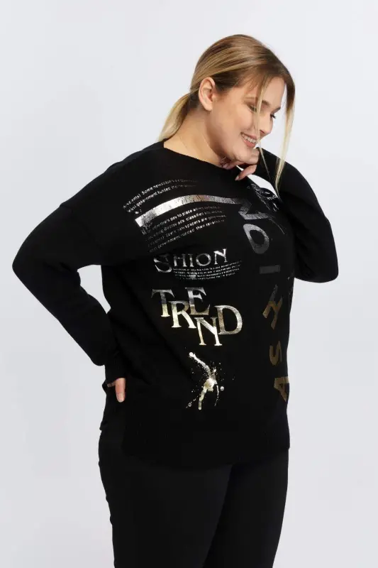 Plus Size Boat Neck Cashmere Blend Printed Knitwear Black - 3