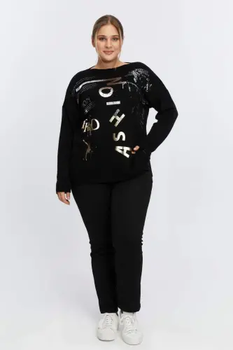 Plus Size Boat Neck Cashmere Blend Printed Knitwear Black - 5