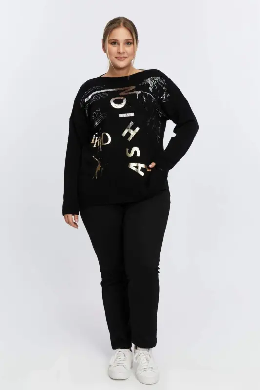 Plus Size Boat Neck Cashmere Blend Printed Knitwear Black - 5