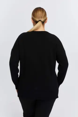 Plus Size Boat Neck Cashmere Blend Printed Knitwear Black - 6