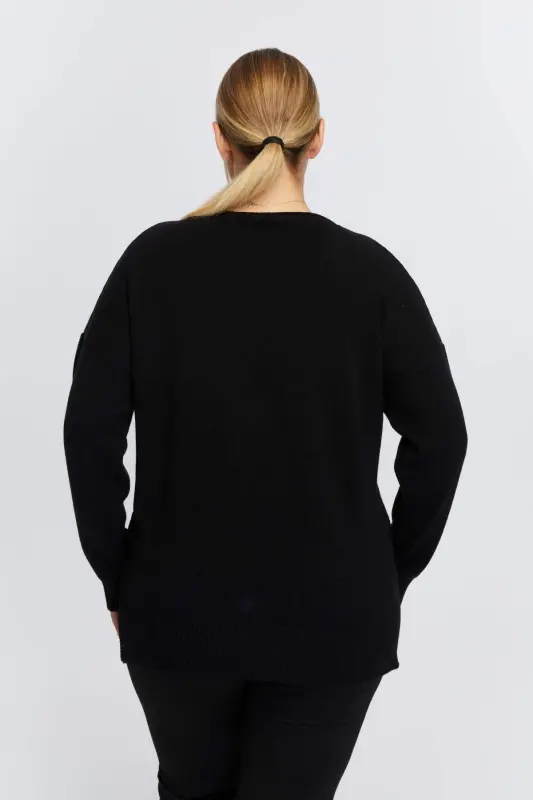 Plus Size Boat Neck Cashmere Blend Printed Knitwear Black - 6