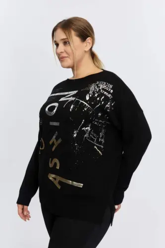 Plus Size Boat Neck Cashmere Blend Printed Knitwear Black - BÜYÜKBEDENIZ (1)