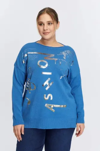 Plus Size Boat Neck Cashmere Blend Printed Knitwear Indigo - 1