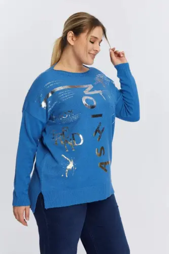 Plus Size Boat Neck Cashmere Blend Printed Knitwear Indigo - 3